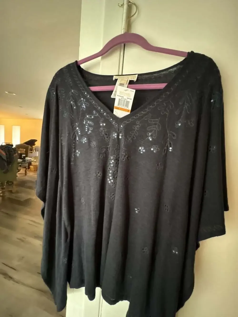 Michael Kors New Navy Embroidered Sequin V-Neck Linen Blend Caftan Top